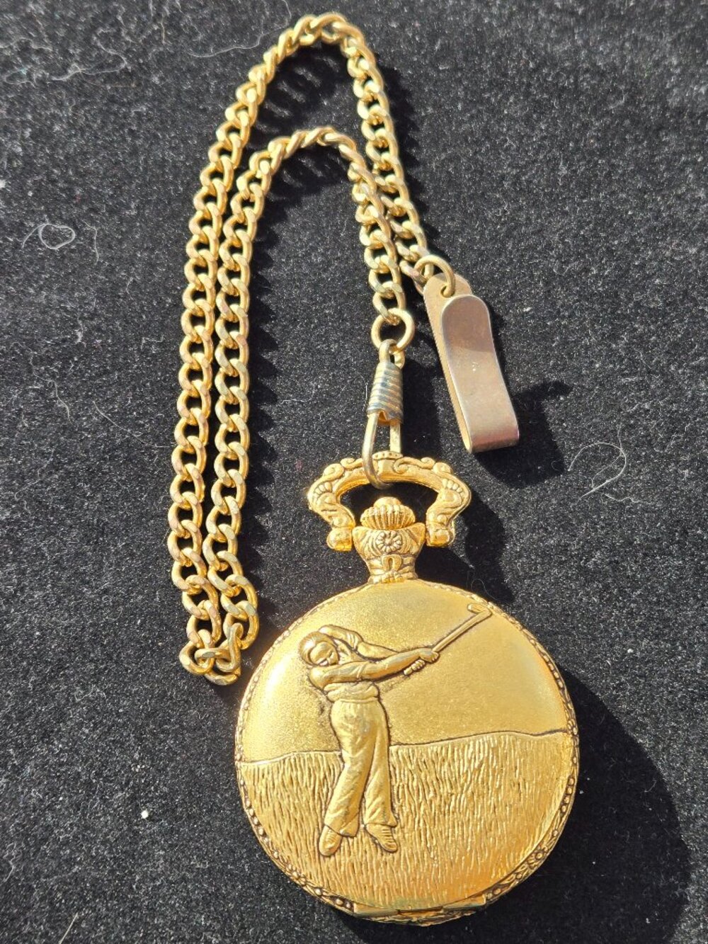 Vintage Golfer Milan Pocket Watch with Chain & Clip Gold Tone